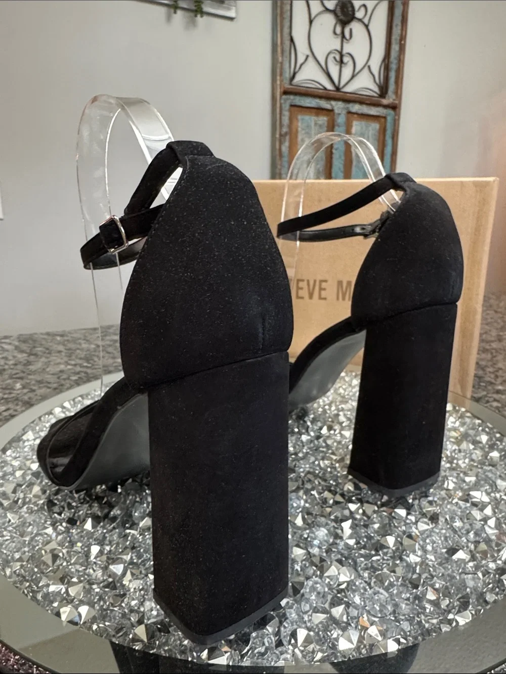 Steve Madden Black Suede leather Chunky Block Heel Sandals NEW 10